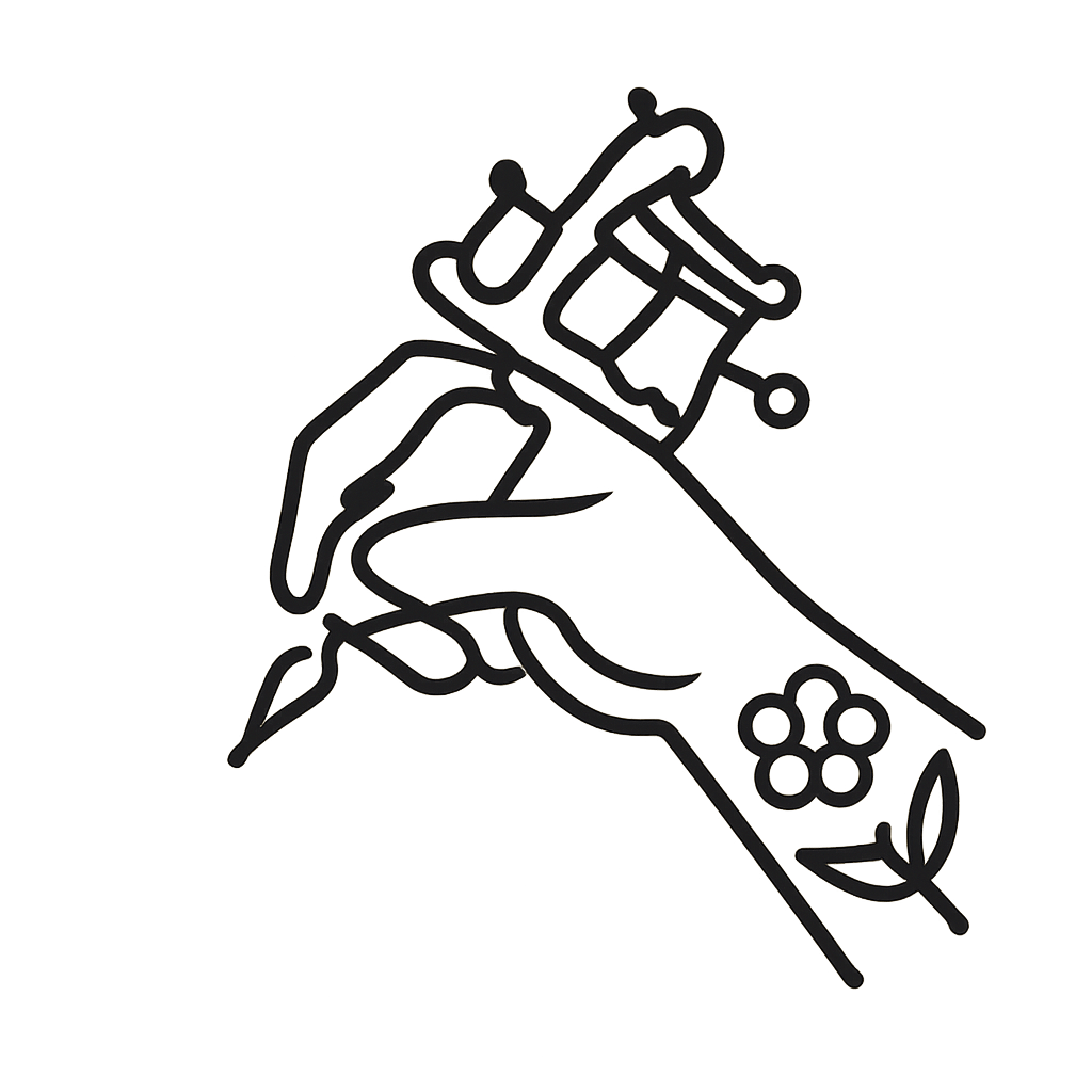 Illustration of a hand with a tattoo machine on it and a flower tattoo on the wrist.