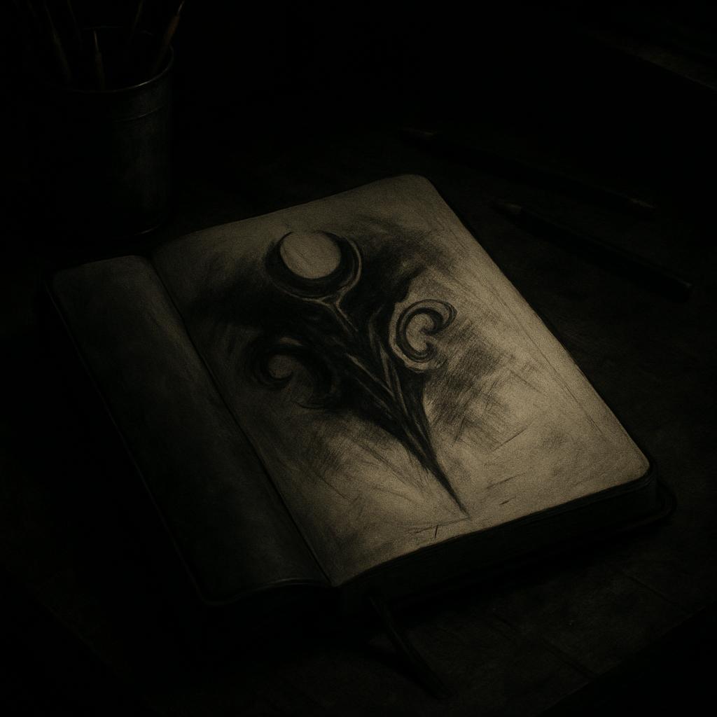 A darkly shaded open book with an intricate crescent moon design exposed.