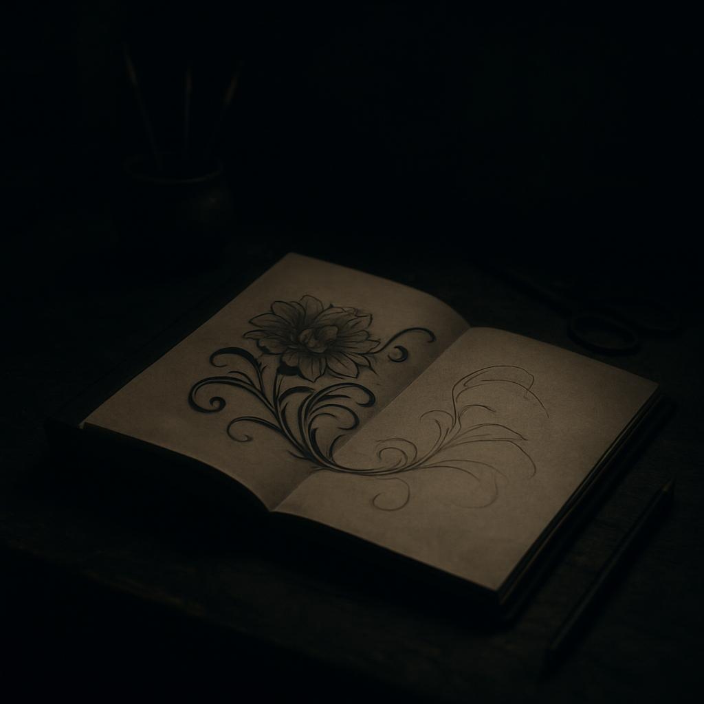 A darkened sketch book with various designs spread out across two open pages.