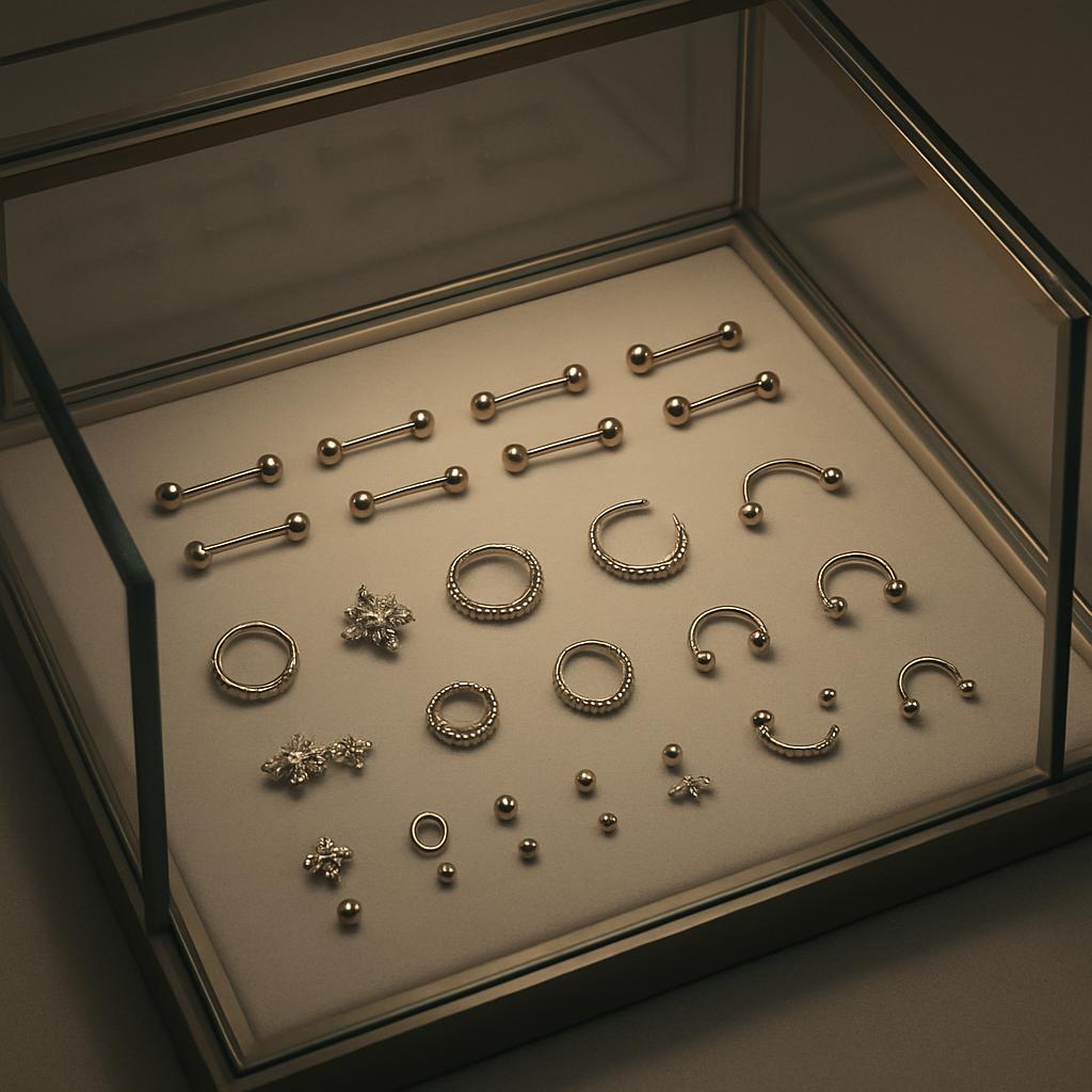 A collection of silver jewely, including earring and piercing accessories.