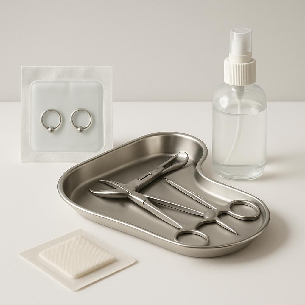 Scissors, forceps, saline spray, band, and pseudo-piercing jewelry. Essential tools for nose piercing care.