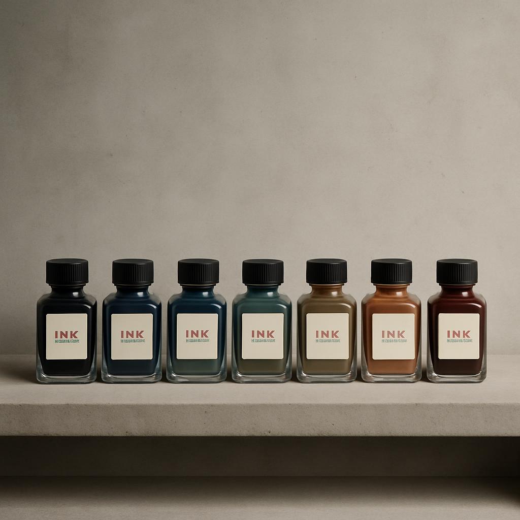alt text: A row of seven differently colored glass bottles of ink on a beige surface.
