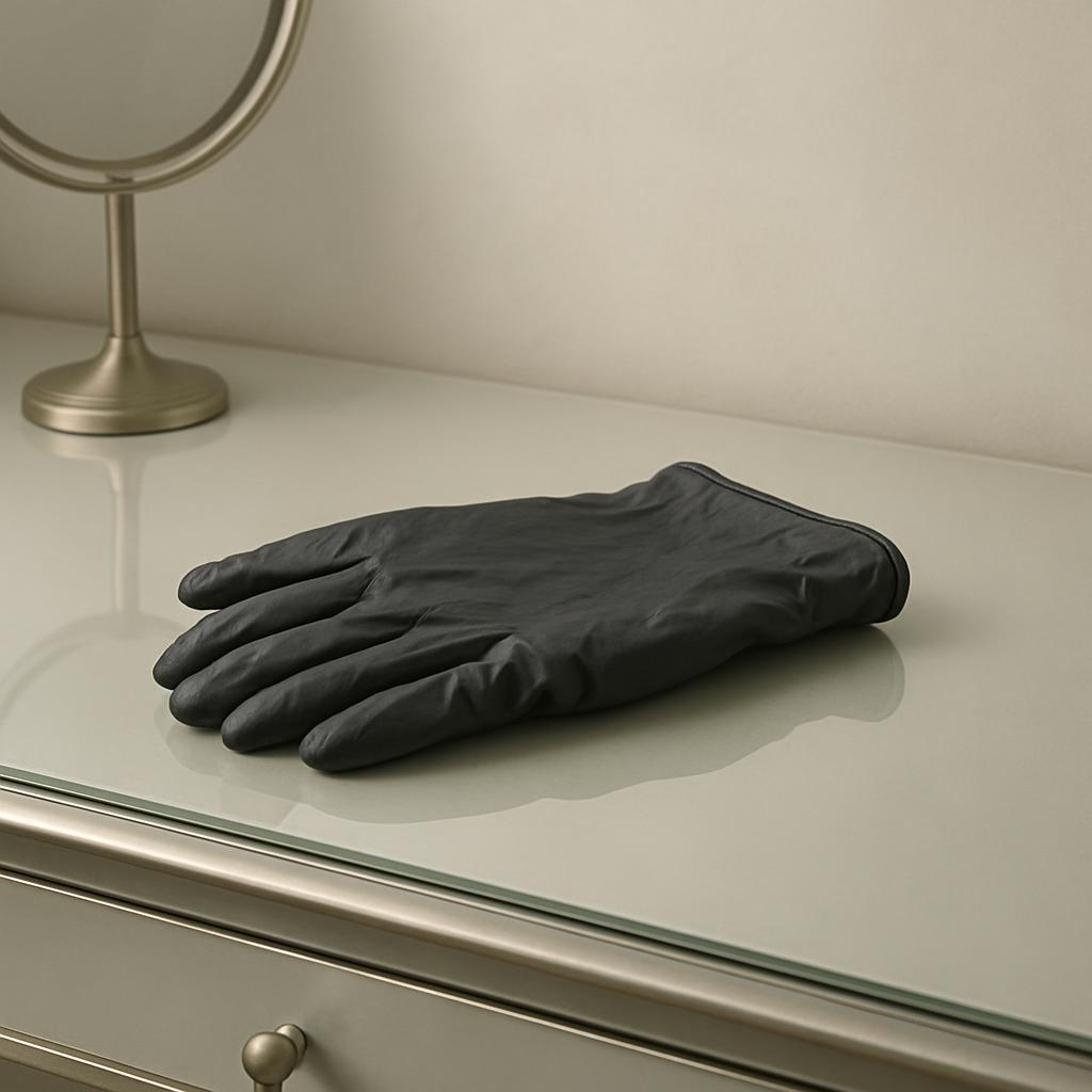 The image features a black glove lying on a light beige glass surface of a vanity, the image's background is of a slightly...