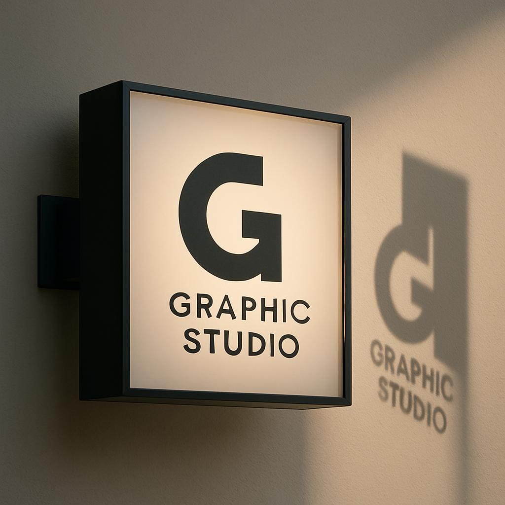 "Sign for the graphic studio illuminated at night"