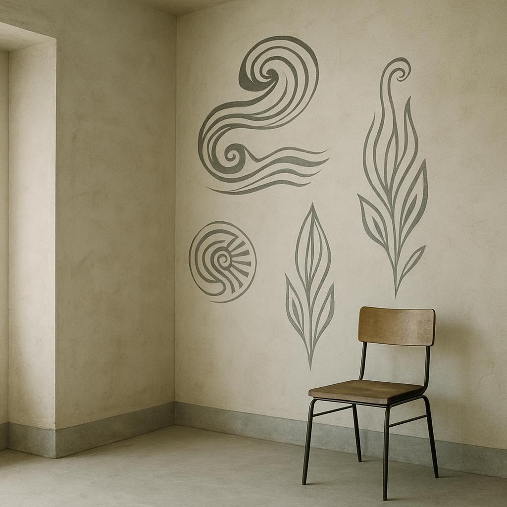 * A white wall with decorative wall stencils and a wooden chair.