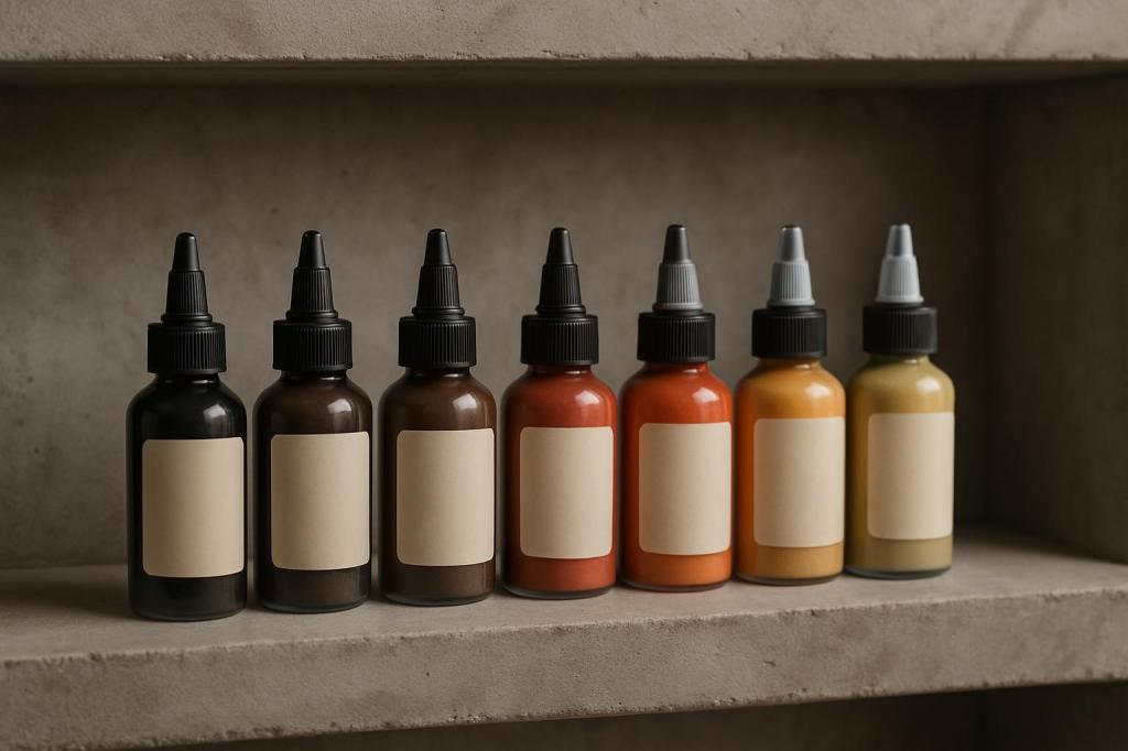 Six bottles of printing ink different shades of one color displayed in a row, filled approximately one third of the way wi...