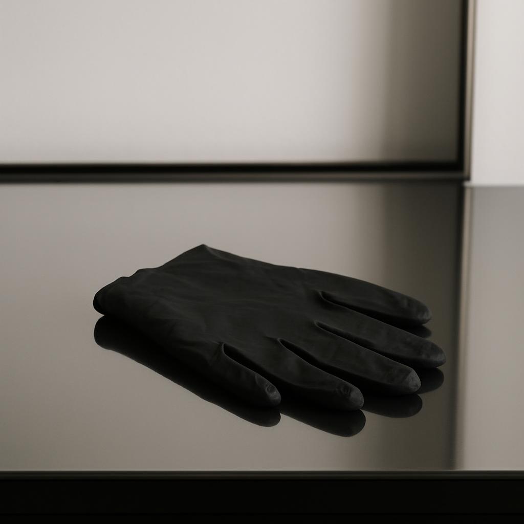 A pair of black rubber gloves sits atop a reflective surface, with the fingers of the glove facing downwards and the finge...