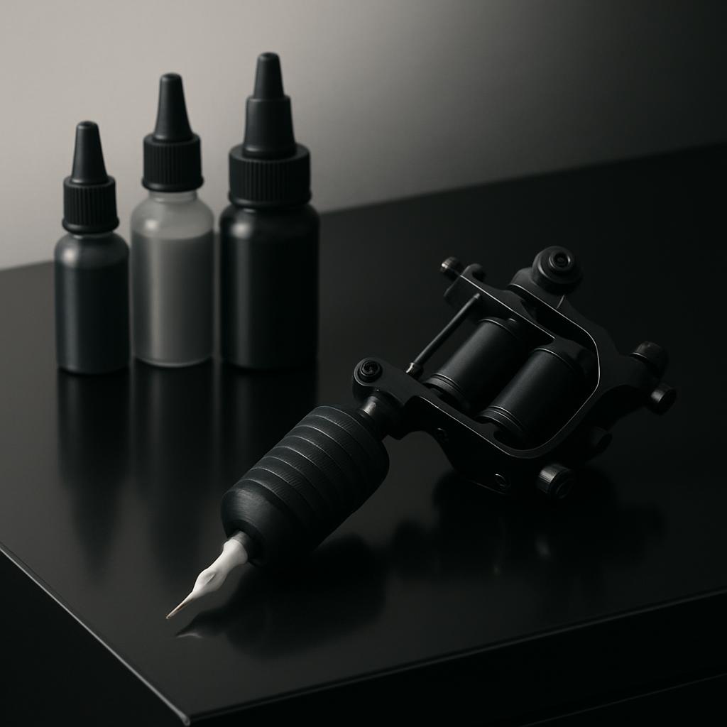 The alt text for this image is: "A black tattoo machine with three bottles of ink on a table."